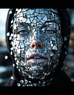 The primary subject of the image is a woman with a unique and artistic appearance. She is wearing a mask made of mirrors, which adds a visually striking element to her look. The setting is a room with a backdrop of a building, creating an interesting contrast between the woman's face and the urban environment. The visual style of the image is a combination of photo and digital art, as the woman's face is captured in a close-up shot, while the mirrored mask adds a creative and surreal touch